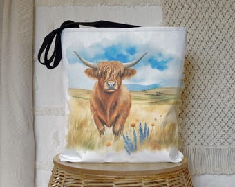 Watercolor Highland Cow Tote Bag, Gift For Cow Lovers