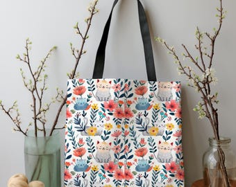 Floral Cat Tote Bag: Whimsical Reusable Shopping Carryall