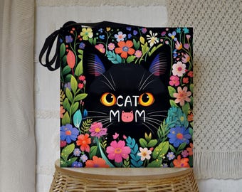 Cat Mom Tote Bag: Black Cat Floral Print Reusable Handbag