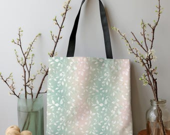 White Leaves Polyester Tote Bag: Pastel Floral Shopping Bag