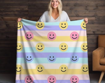 Colorful Smiley Face Velveteen Blanket, Cozy Throw