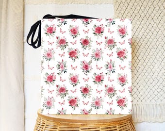 Roses and Butterfly Tote Bag, Floral Print Shopping Bag