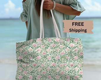 Rosa Grün Blumenmuster Weekender Bag | Frühling Blumen Tote