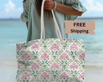 Pink Green Floral Pattern Weekender Bag | Spring Floral Tote