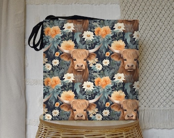 Floral Highland Cow Tote Bag - Scottish Cattle Shoulder Bag