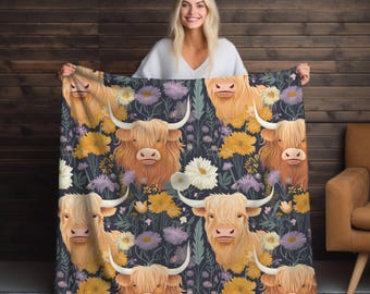 Floral Highland Cow Blanket: Velveteen Microfiber, Cozy Home Decor