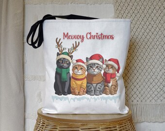 Meowy Cats Festive Christmas Tote Bag, Cat Lovers Holiday Bag