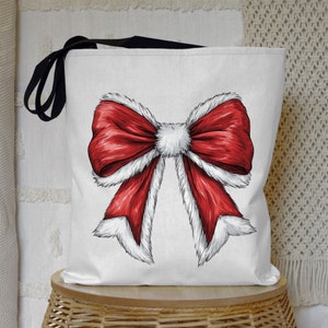 Red Christmas Bow Tote Bag: Coquette Holiday Canvas Bag