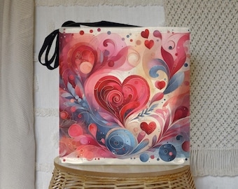 Red Heart Design Tote Bag: Polyester Reusable Shoulder Bag