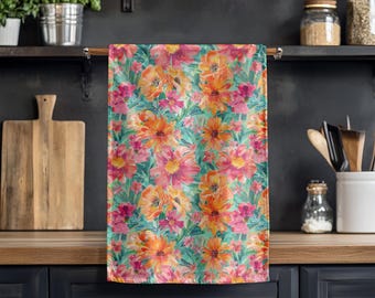 Bright Floral Cotton Tea Towel: Spring Garden Kitchen Decor