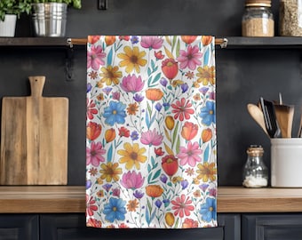 Bright Floral Cotton Tea Towel: Spring Wildflower Kitchen Decor