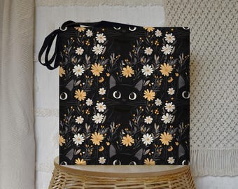 Floral Black Cat Tote Bag: Trendy Polyester Carryall