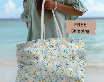 Bolso de fin de semana con estampado floral amarillo y azul / Bolso tote floral de primavera