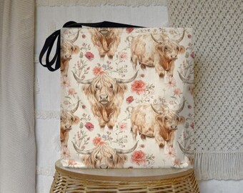 Highland Cow Tote Bag: Scottish Cattle Floral Design