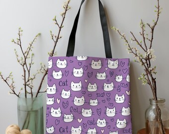 May include: Purple tote bag with a repeating pattern of white cats and hearts. The text "Cat" is repeated throughout the pattern.