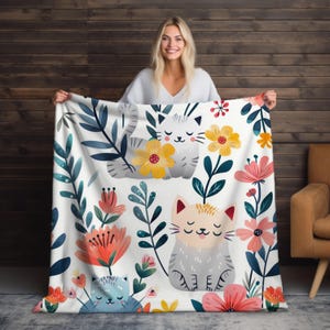 Velveteen Microfiber Blanket, Floral Colorful Cat Blanket, Soft Cozy Throw for Cat Lovers, Lightweight Blankie for Couch Snuggling