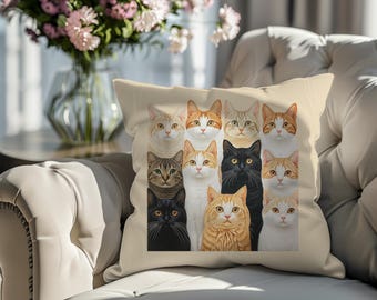 May include: A beige throw pillow with a colorful pattern of 10 cats. The cats are all different colors and have different expressions. The pillow is made of a soft, comfortable fabric.