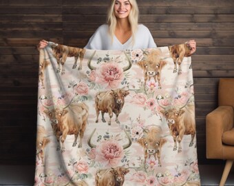 Highland Cow Velveteen Blanket: Scottish Cattle Fleece Throw