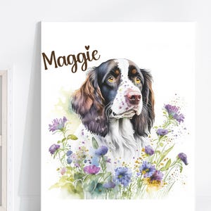 Watercolor Springer Spaniel Canvas Print: Floral Dog Portrait Art