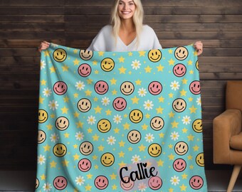 Colorful Smiley Face Velveteen Blanket, Cozy Microfiber Throw