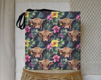 Floral Highland Cow Tote Bag: Rustic Scottish Cattle Shopper