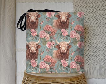 Floral Highland Cow Tote Bag: Rustic Scottish Cattle Market Shopper