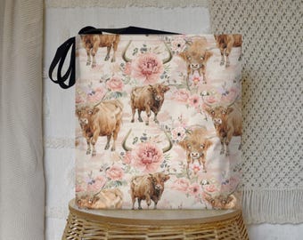 Highland Cow Tote Bag: Scottish Cattle Floral Design