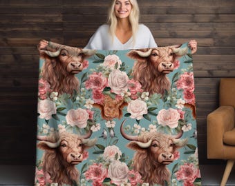 Chic Floral Highland Cow Blanket,  Farmhouse Style Gift