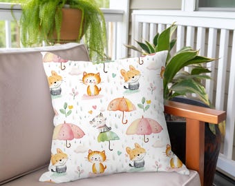 Cats Umbrella Square Pillow: Whimsical Animal Print Cushion