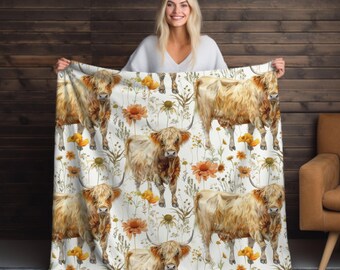 Highland Cow Velveteen Blanket: Scottish Cattle Fleece Throw