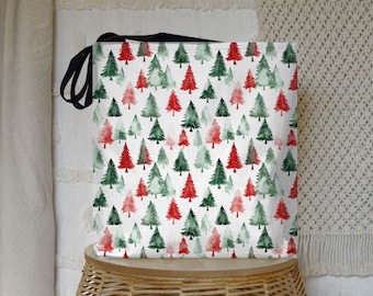 Christmas Tree Print Tote Bag, Holiday Canvas Bag