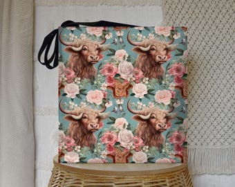 Boho Floral Highland Cow Tote Bag,  Shopping Bag With Farmhouse Decor
