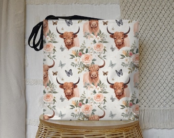 Floral Highland Cow Tote Bag – Rustic Scottish Cattle Shopper