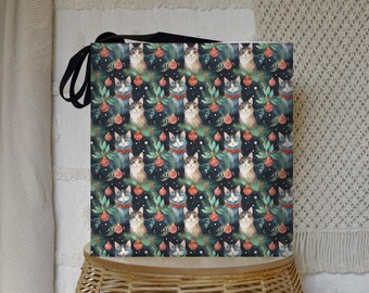 Christmas Cats Tote Bag, Holiday Gift, Reusable Polyester Bag