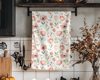 Bright Floral Tea Towel - Floral Kitchen Towel, Botanical Dish Towel, Soft Cotton Tea Towel, Pretty Flower Hand Towel, Spring Garden