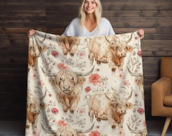 Highland Cow Velveteen Blanket: Scottish Cattle Fleece Throw