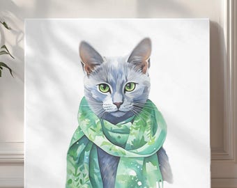 Custom Russian Blue Cat Canvas Print, Watercolor Personalized Pet Portrait