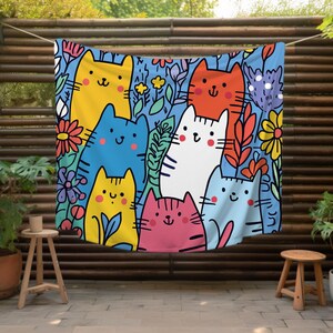 Cartoon Cats Woven Blanket: Colorful Cotton Throw, Cat Lover Gift
