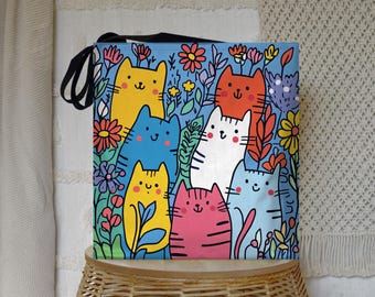 Cartoon Cats Tote Bag: Fun Animal Print Reusable Grocery Bag