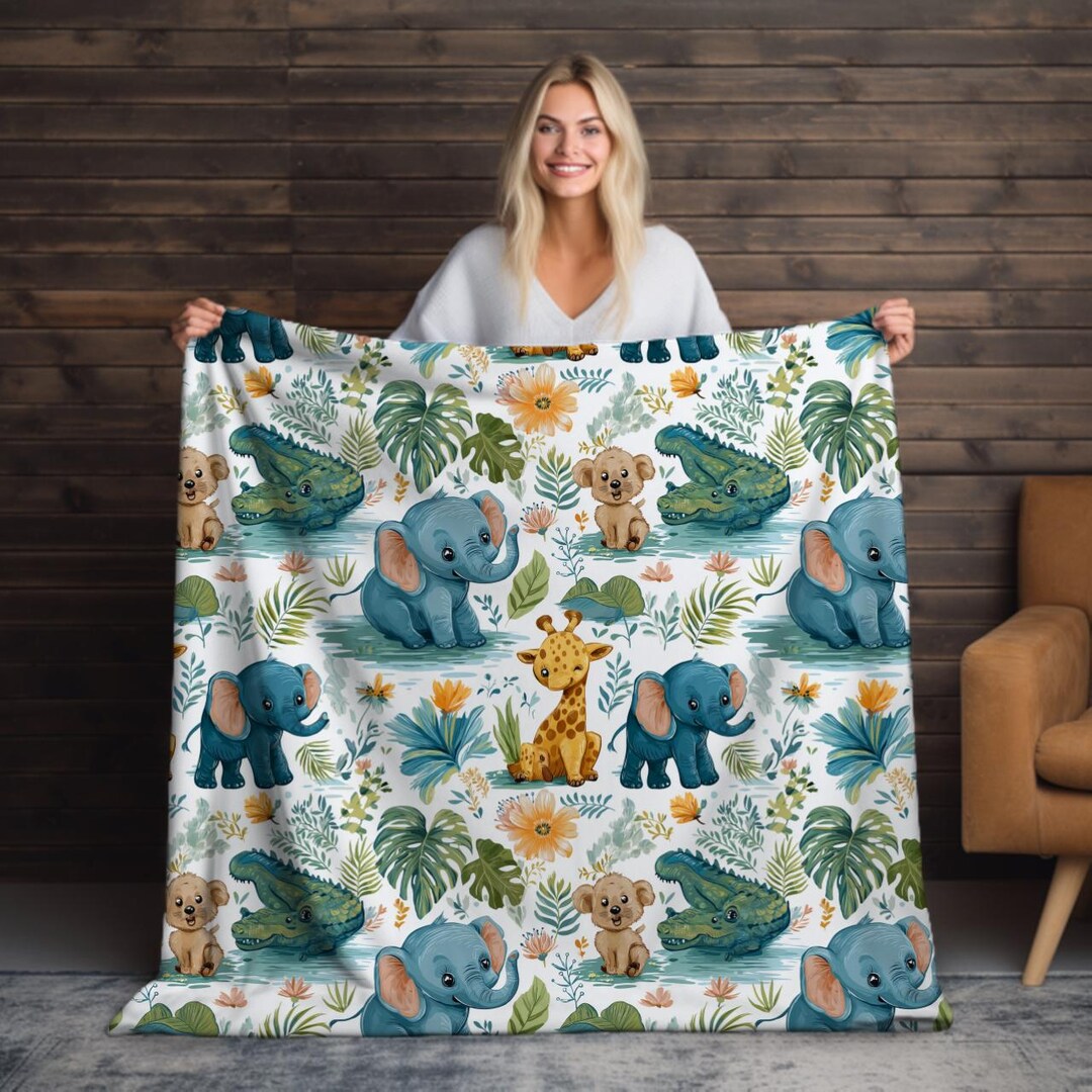 Safari Baby Animals Two-sided Blanket | Elephant Giraffe Crocodile ...