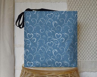 Heart Print Tote Bag: Blue Canvas Reusable Shopping Bag