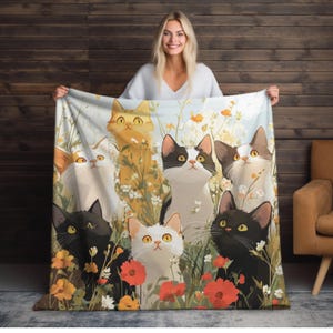 Whimsical Cat Blanket: Velveteen Microfiber, Cozy Home Decor