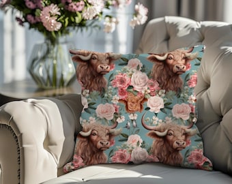 Floral Highland Cow Pillow, Farmhouse Accent Cushion