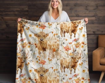 Highland Cow Velveteen Blanket: Scottish Cattle Fleece Throw