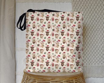 Christmas Highland Cow Tote Bag - Rustic Polyester Shoulder Bag