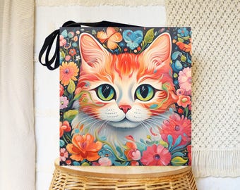 Orange Cat Floral Tote Bag – Reusable Shopping Carryall