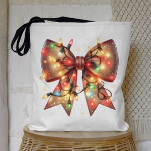 Christmas Coquette Bow Tote Bag, String Lights Holiday Shopping Bag,  Festive Bow Grocery Tote, Reusable Shoulder Bag, Xmas Gift Tote