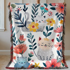 Floral Cat Woven Blanket: Cozy Cotton Throw, Boho Home Decor