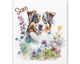 Personalized Australian Shepherd Canvas Print, Floral Dog Portrait