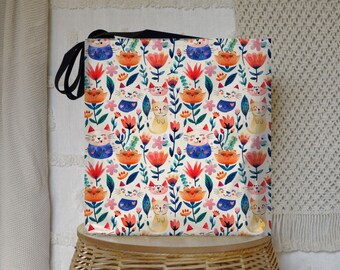 Colorful Cats Floral Tote Bag: Vibrant Polyester Shopper